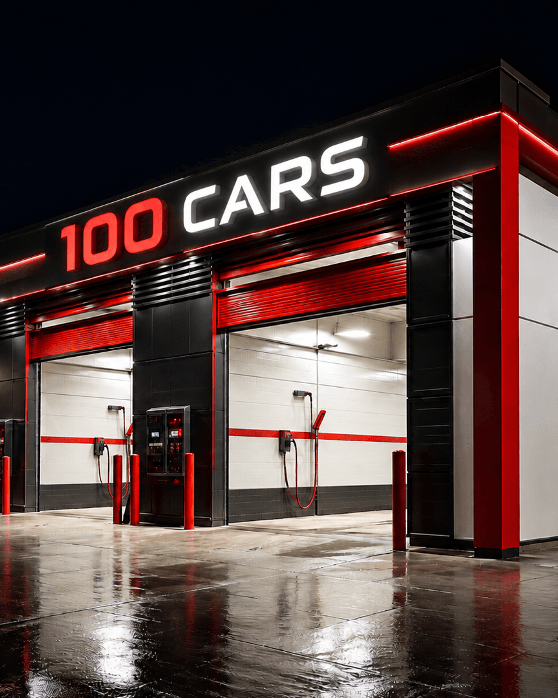 Вечерний фасад бесконтактной автомойки 100CARS